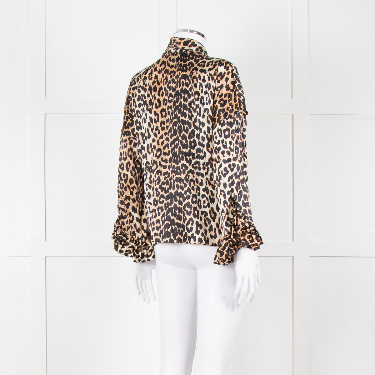 Ganni Leopard Silk Tie Neck Blouse with Fluted Cuffs
