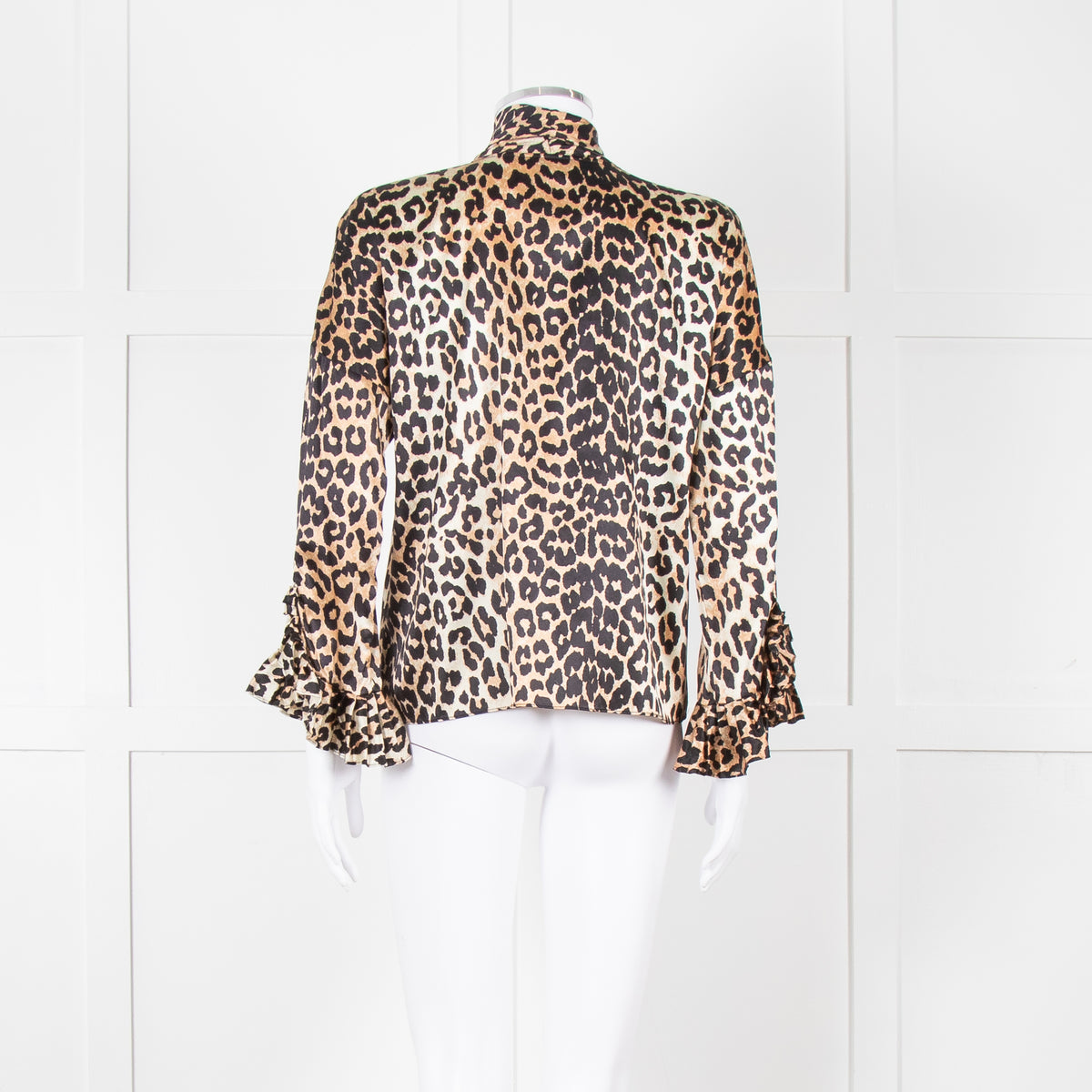 Ganni Leopard Silk Tie Neck Blouse with Fluted Cuffs