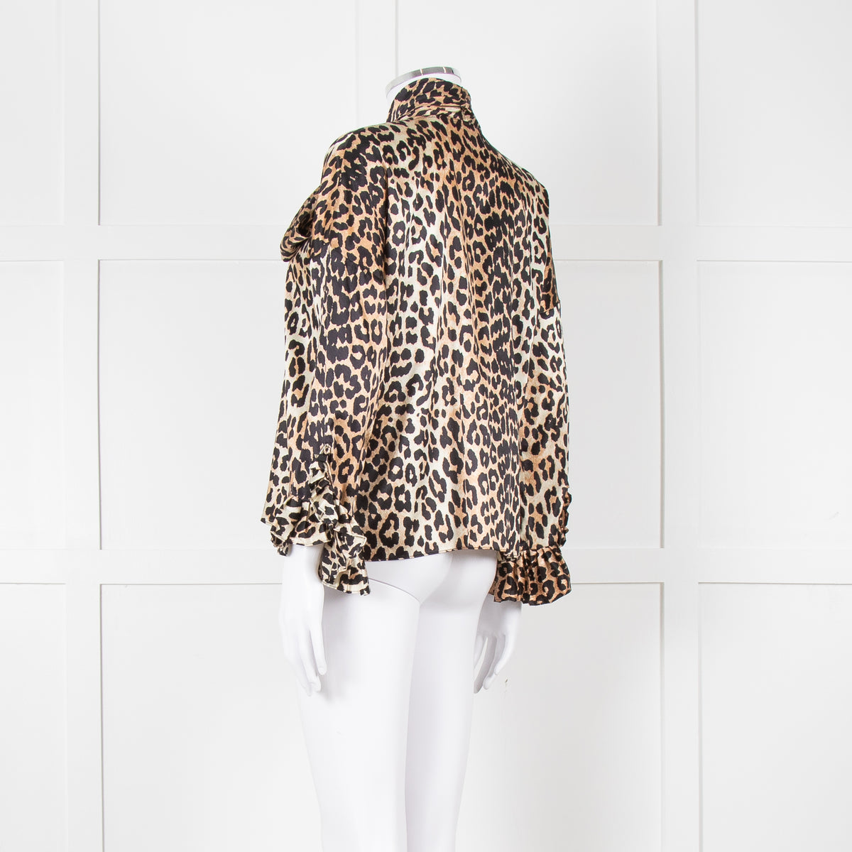 Ganni Leopard Silk Tie Neck Blouse with Fluted Cuffs