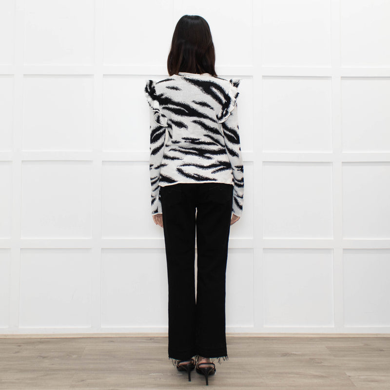 Philosophy White Black Print Frill Shoulders Knitted Top