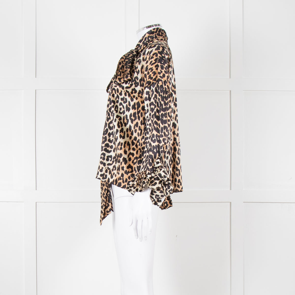 Ganni Leopard Silk Tie Neck Blouse with Fluted Cuffs