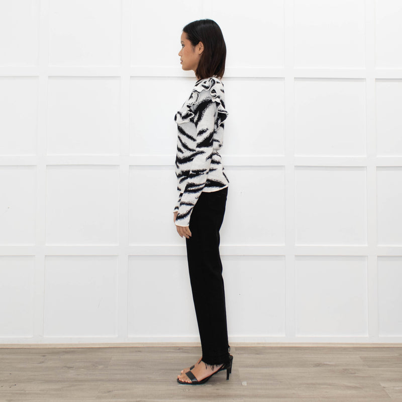 Philosophy White Black Print Frill Shoulders Knitted Top