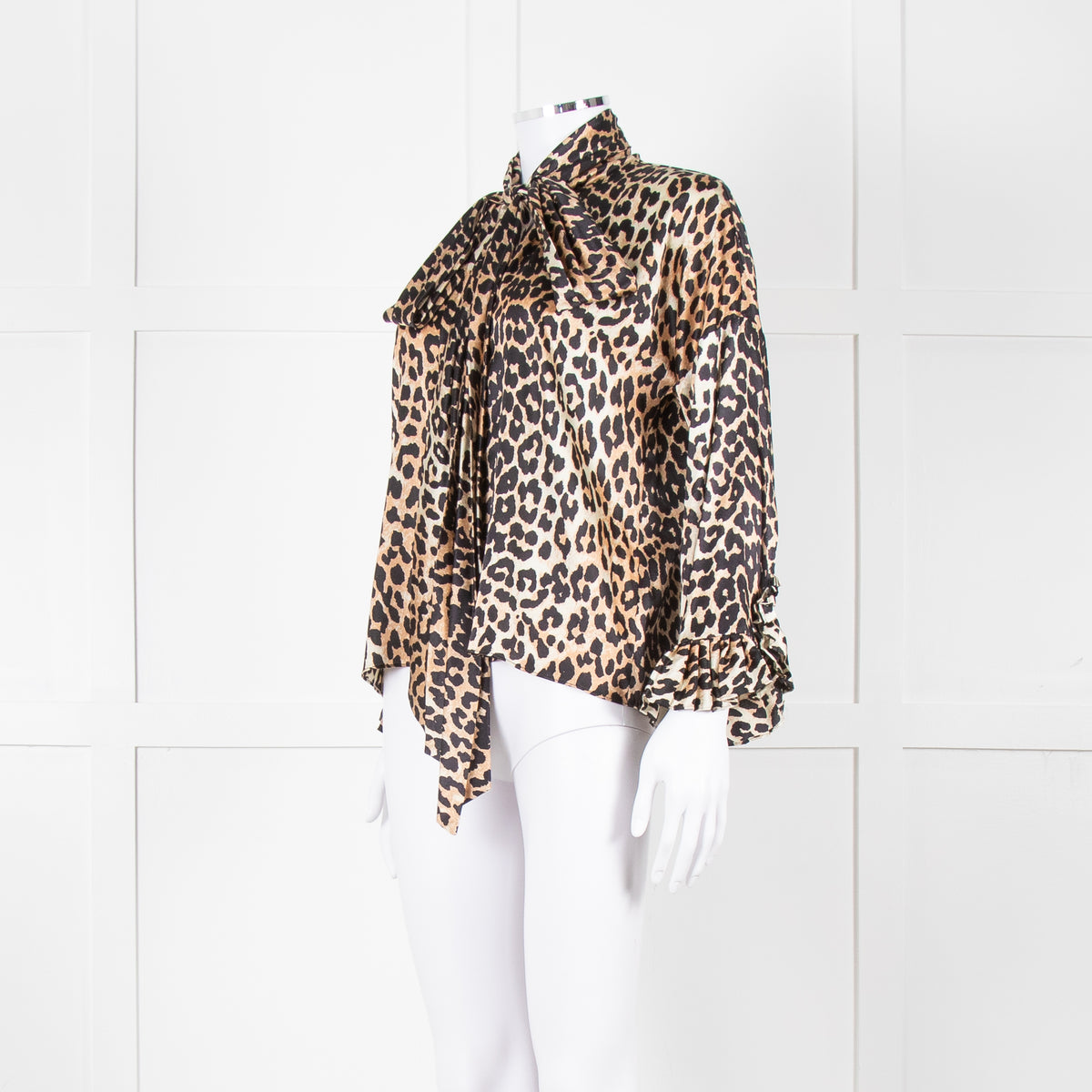 Ganni Leopard Silk Tie Neck Blouse with Fluted Cuffs