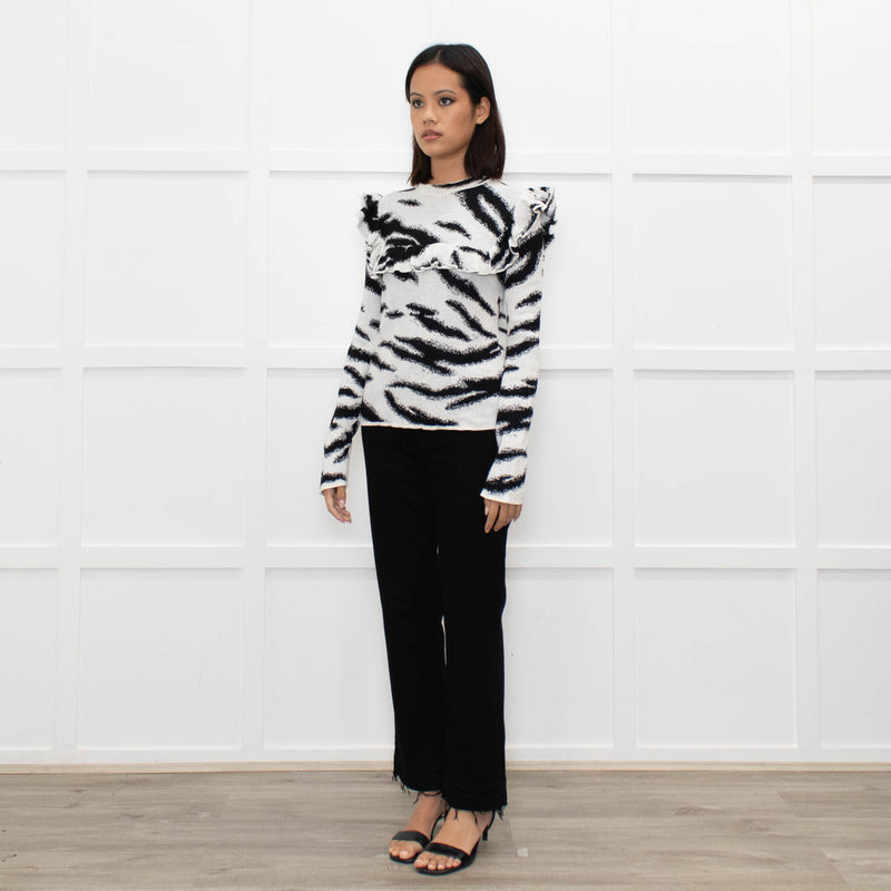 Philosophy White Black Print Frill Shoulders Knitted Top