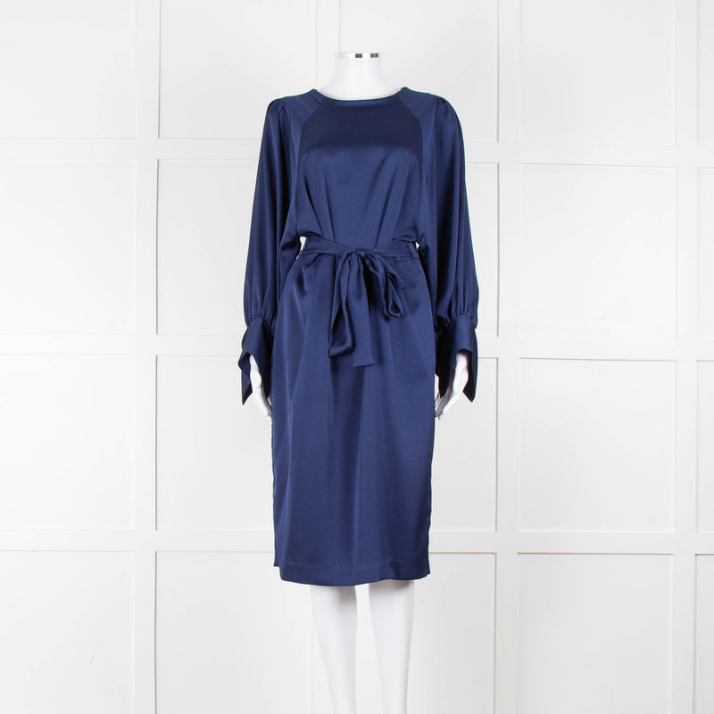 Iris & Ink Blue Long Sleeve Tie Waist Midi Dress
