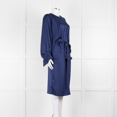 Iris & Ink Blue Long Sleeve Tie Waist Midi Dress