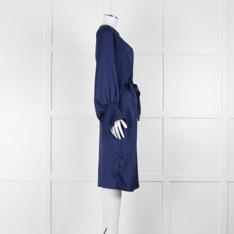 Iris & Ink Blue Long Sleeve Tie Waist Midi Dress