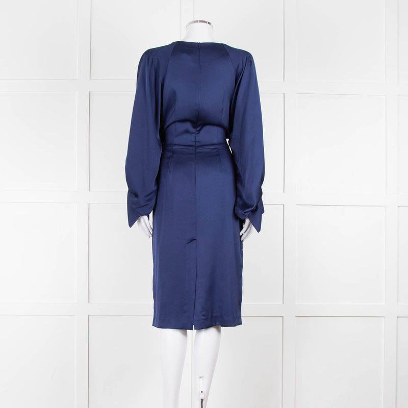 Iris & Ink Blue Long Sleeve Tie Waist Midi Dress