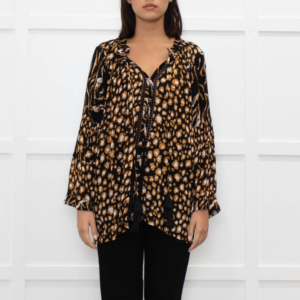 Miss June Black Brown Animal Print Long Sleeve Top