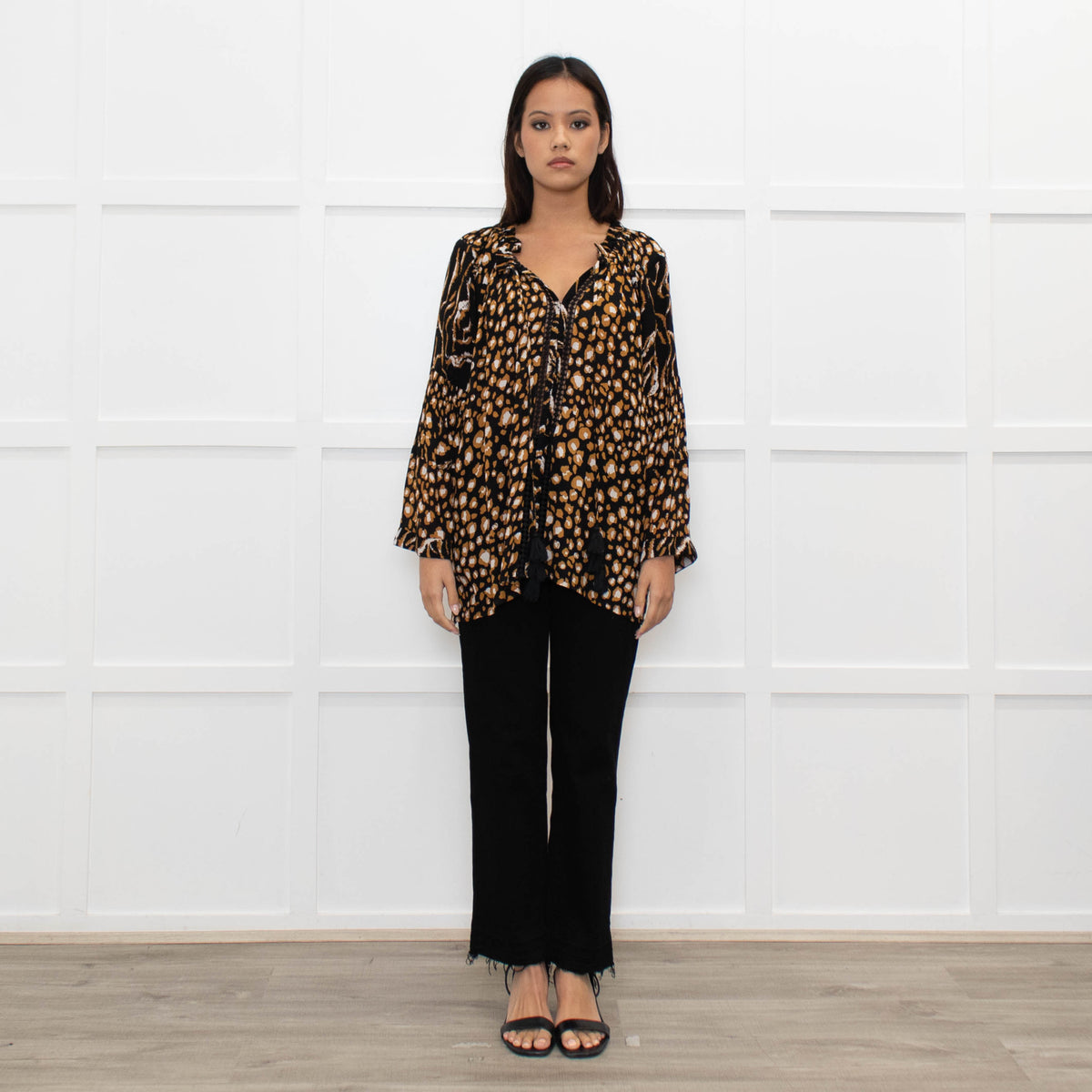 Miss June Black Brown Animal Print Long Sleeve Top