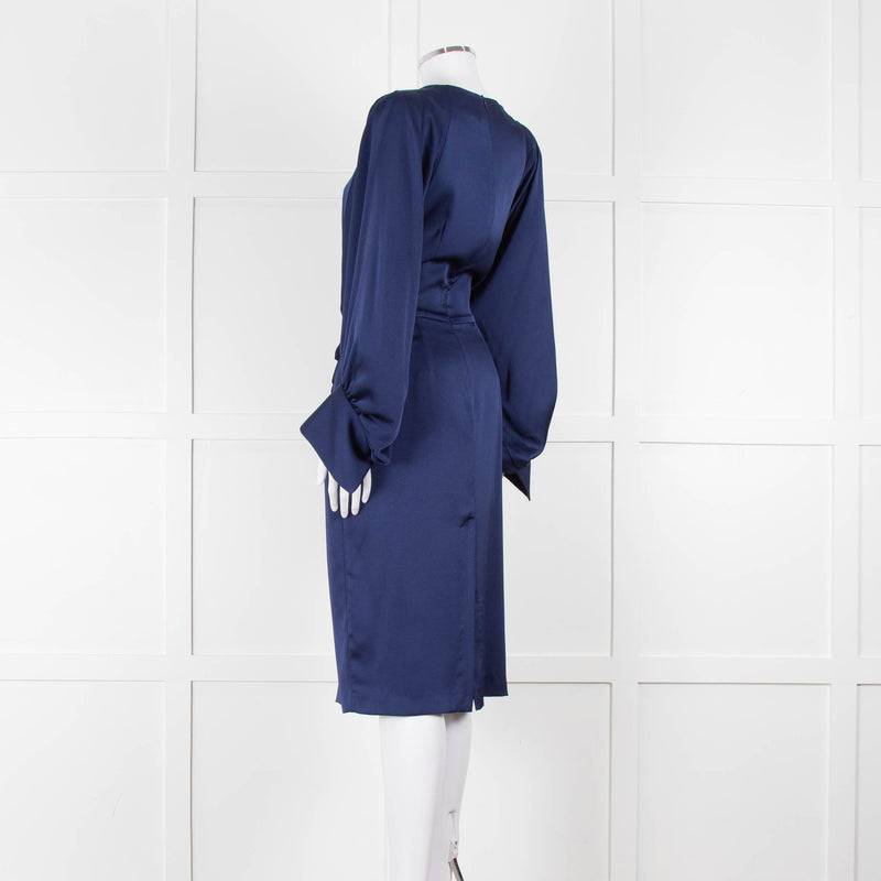 Iris & Ink Blue Long Sleeve Tie Waist Midi Dress