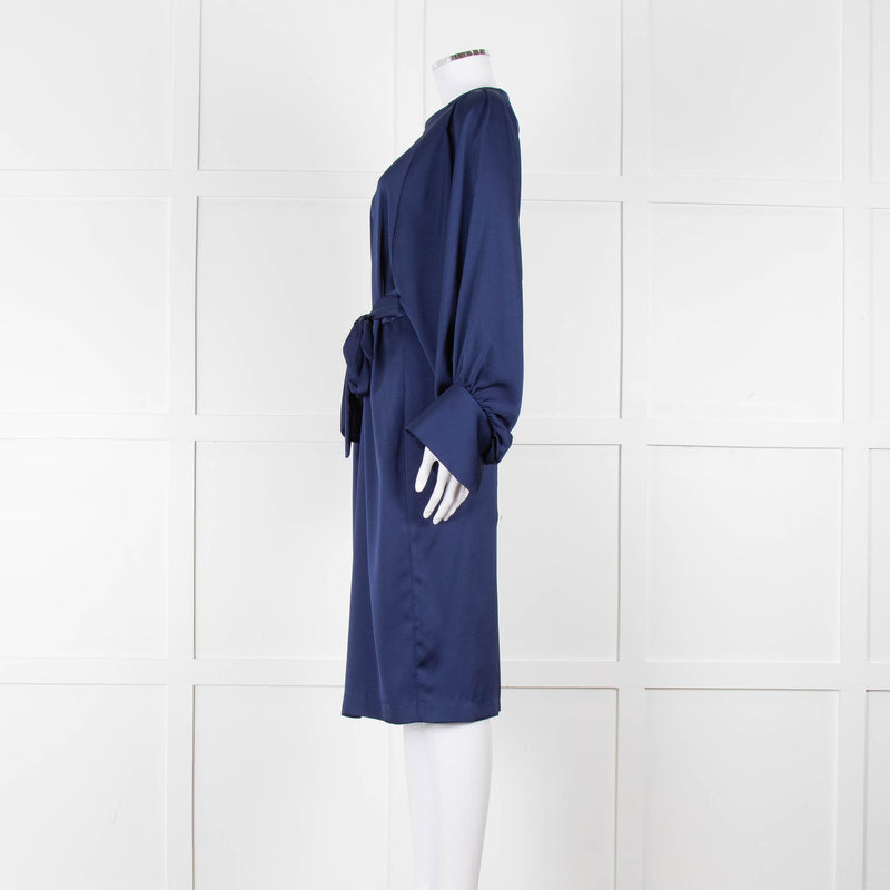 Iris & Ink Blue Long Sleeve Tie Waist Midi Dress