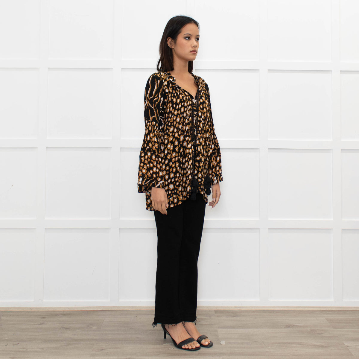 Miss June Black Brown Animal Print Long Sleeve Top