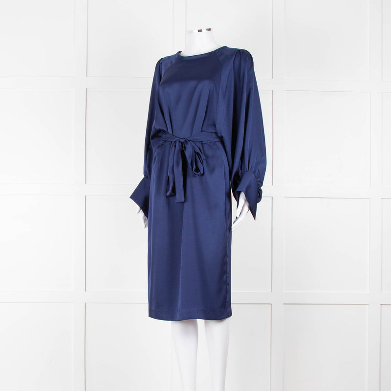 Iris & Ink Blue Long Sleeve Tie Waist Midi Dress