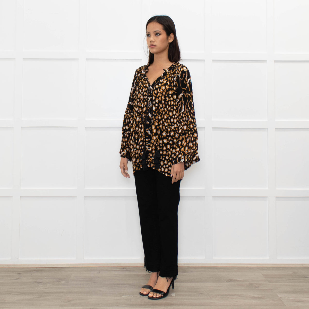 Miss June Black Brown Animal Print Long Sleeve Top