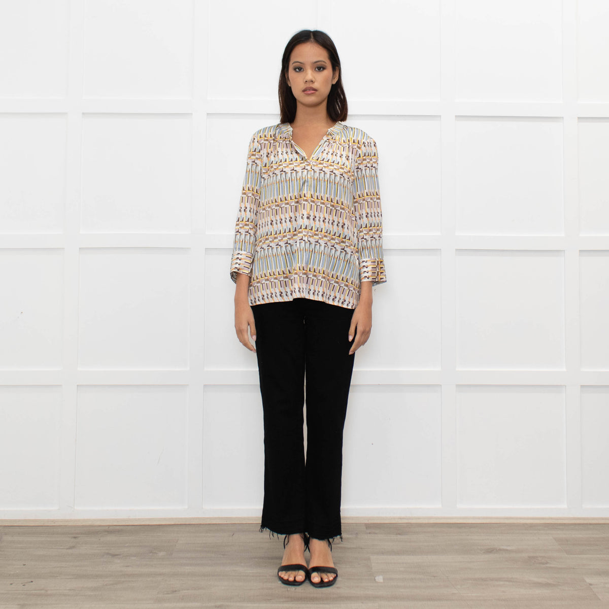 Dea Kudibal White Brown Blue Geometric Print Top