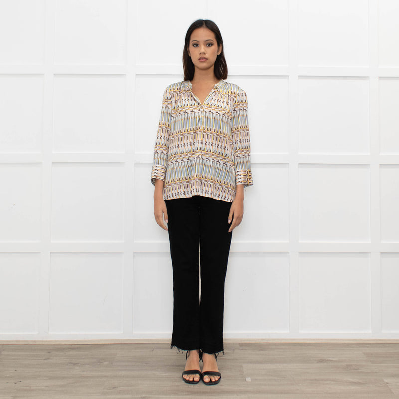 Dea Kudibal White Brown Blue Geometric Print Top