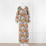 Ridley Green Orange Floral Silk Long Sleeve Maxi Dress