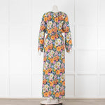 Ridley Green Orange Floral Silk Long Sleeve Maxi Dress