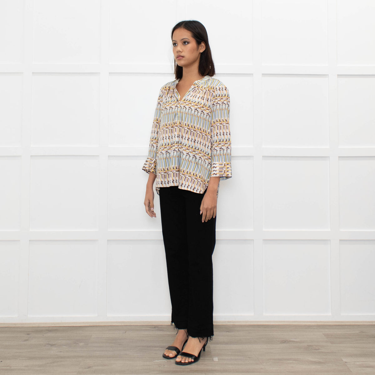 Dea Kudibal White Brown Blue Geometric Print Top