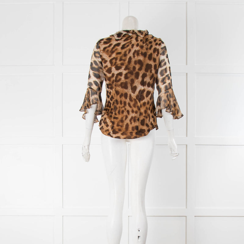 Ridley Brown Animal Print Silk Frill Trim Blouse