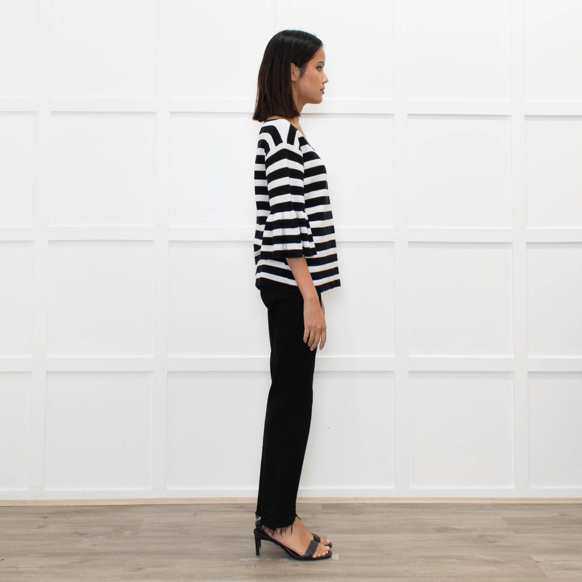 Claudie Pierlot Black White Striped Frill Sleeve Top