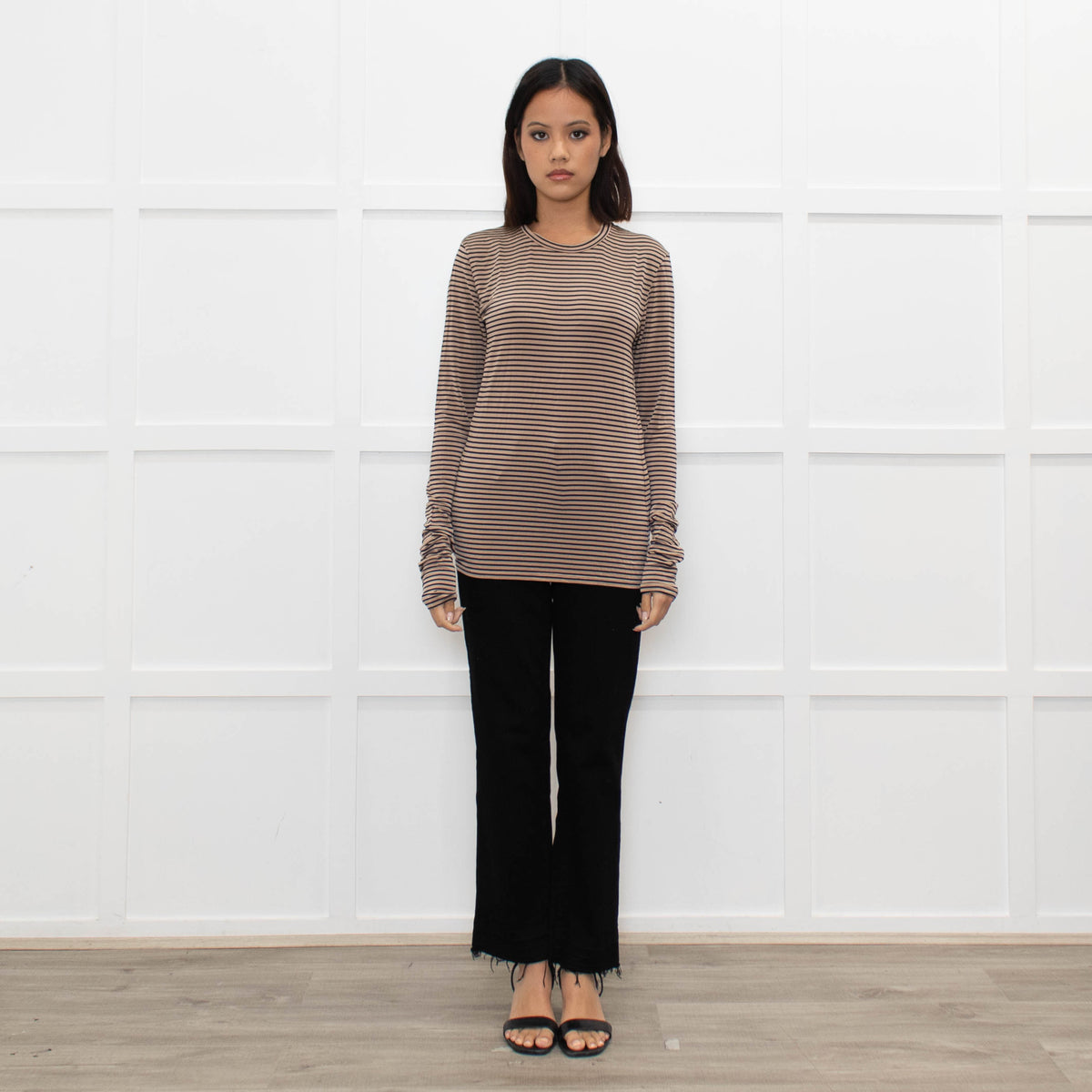 Max Mara Studio Beige Blue Striped Long Sleeve Top