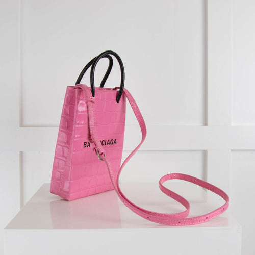Balenciaga Pink Croc Phone Holder Bag with Long Strap