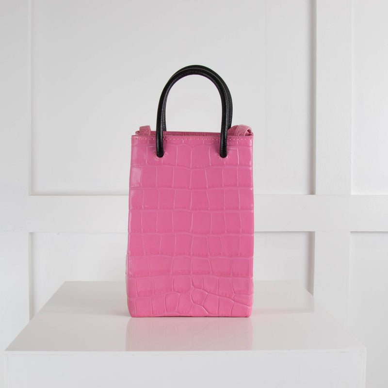 Balenciaga Pink Croc Phone Holder Bag with Long Strap