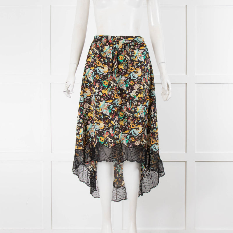 Zadig & Voltaire Black Multicolour Print Lace Trim Midi Skirt