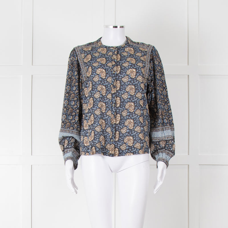 Iris Blue Block Print Floral Soft Cotton Blouse