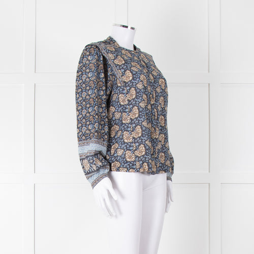 Iris Blue Block Print Floral Soft Cotton Blouse