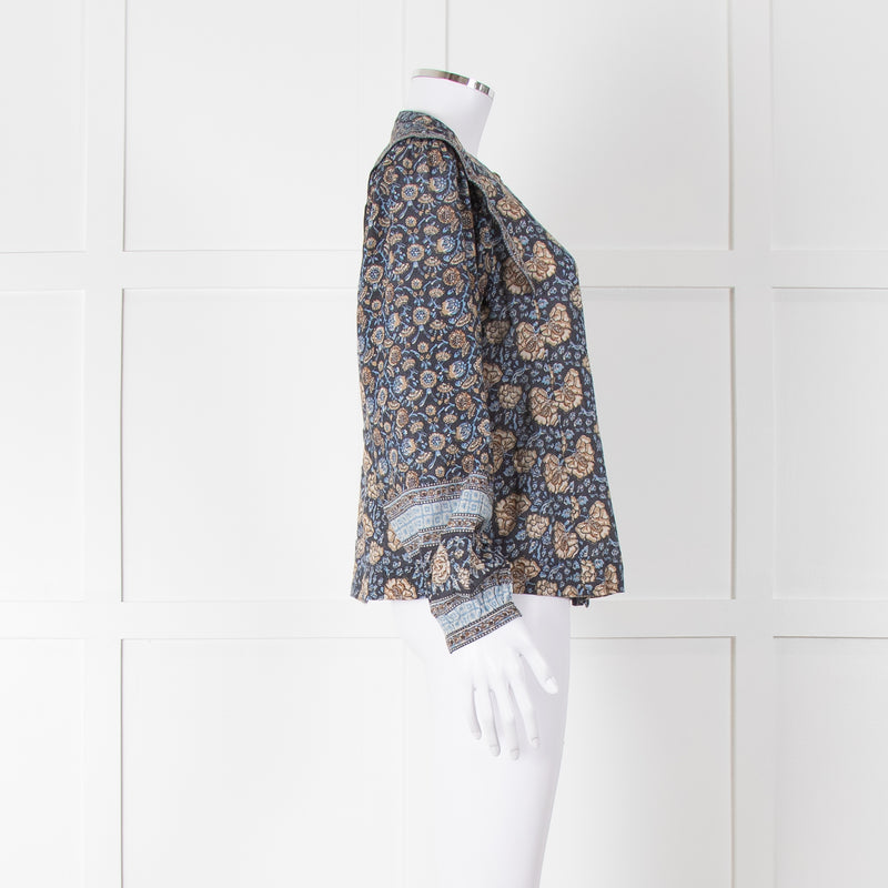 Iris Blue Block Print Floral Soft Cotton Blouse