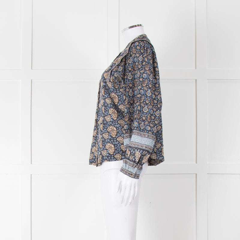 Iris Blue Block Print Floral Soft Cotton Blouse