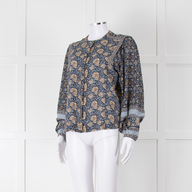 Iris Blue Block Print Floral Soft Cotton Blouse