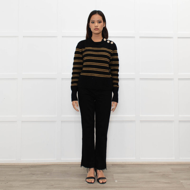 Ba&sh Black Brown Stripes Gold Buttons On Shoulders Wool Blend Jumper