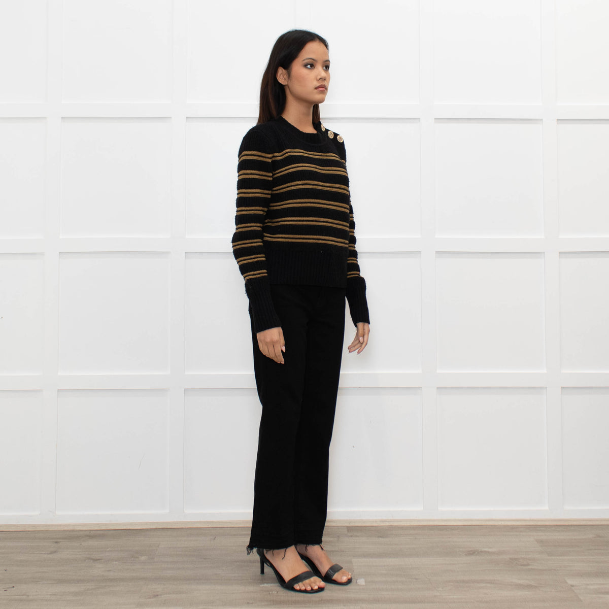 Ba&sh Black Brown Stripes Gold Buttons On Shoulders Wool Blend Jumper