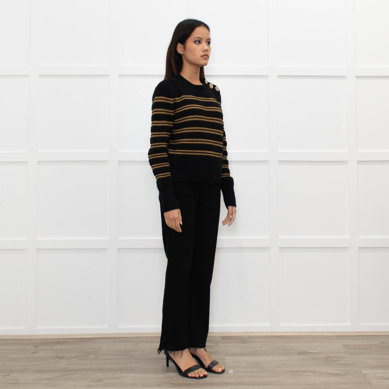 Ba&sh Black Brown Stripes Gold Buttons On Shoulders Wool Blend Jumper