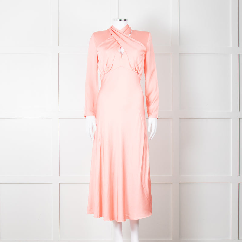 Sandro Pink Satin Midi Dress with Tie Back