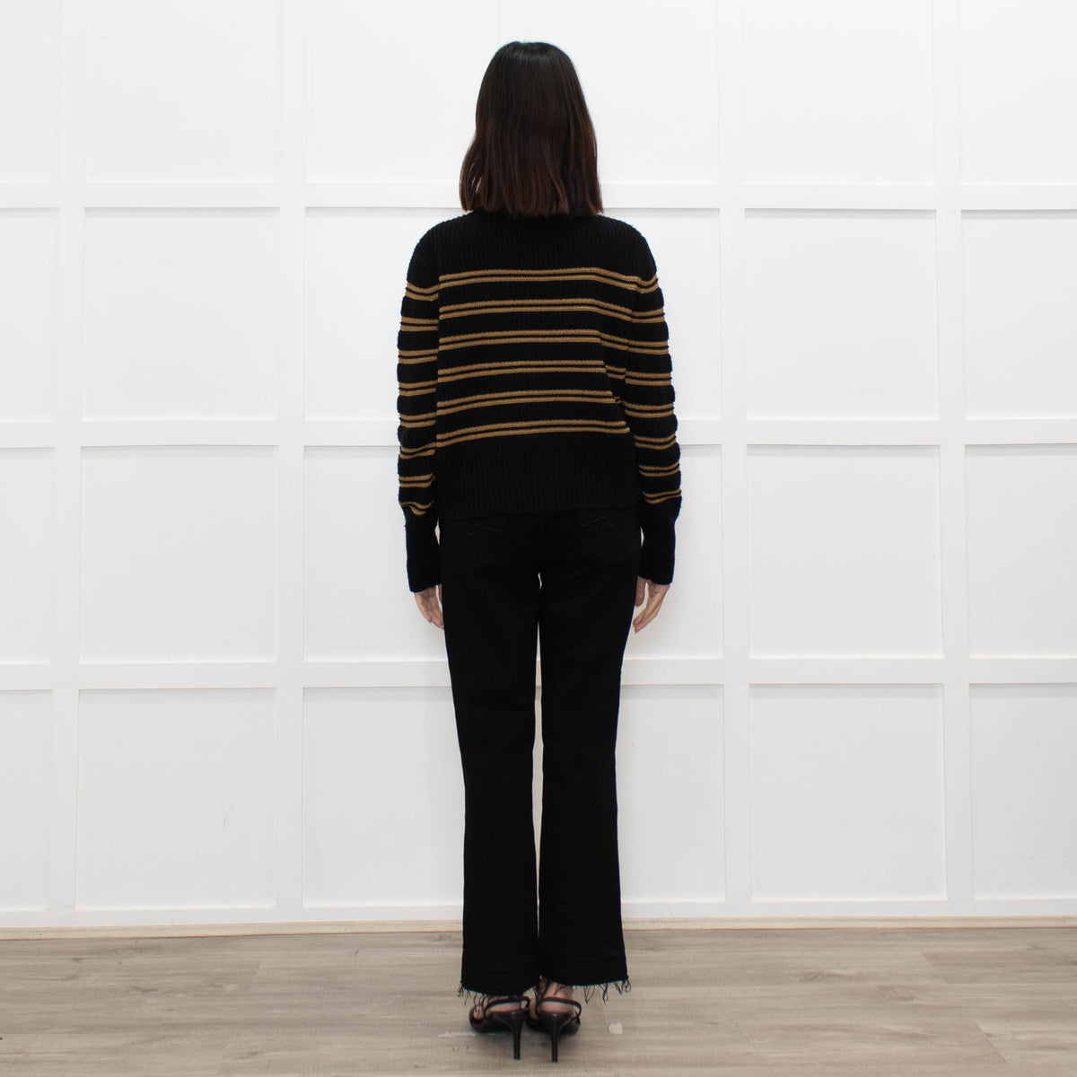 Ba&sh Black Brown Stripes Gold Buttons On Shoulders Wool Blend Jumper