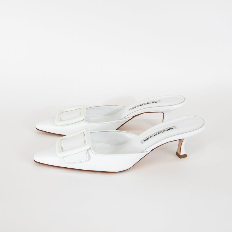 Manolo Blahnik White Maysale Leather Court Shoes