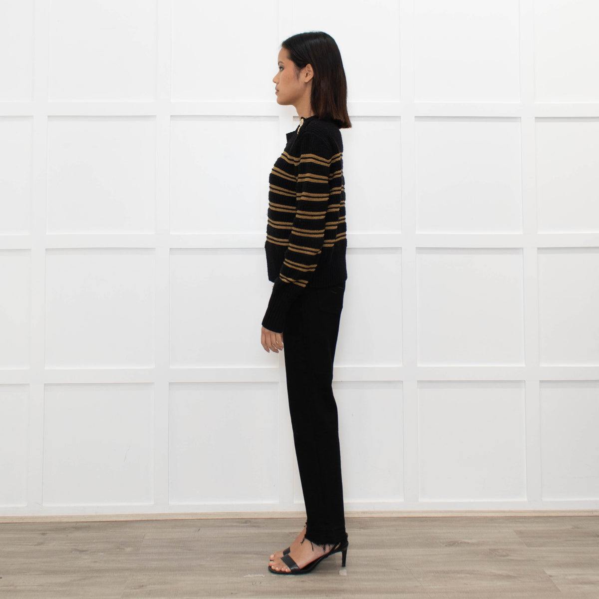 Ba&sh Black Brown Stripes Gold Buttons On Shoulders Wool Blend Jumper