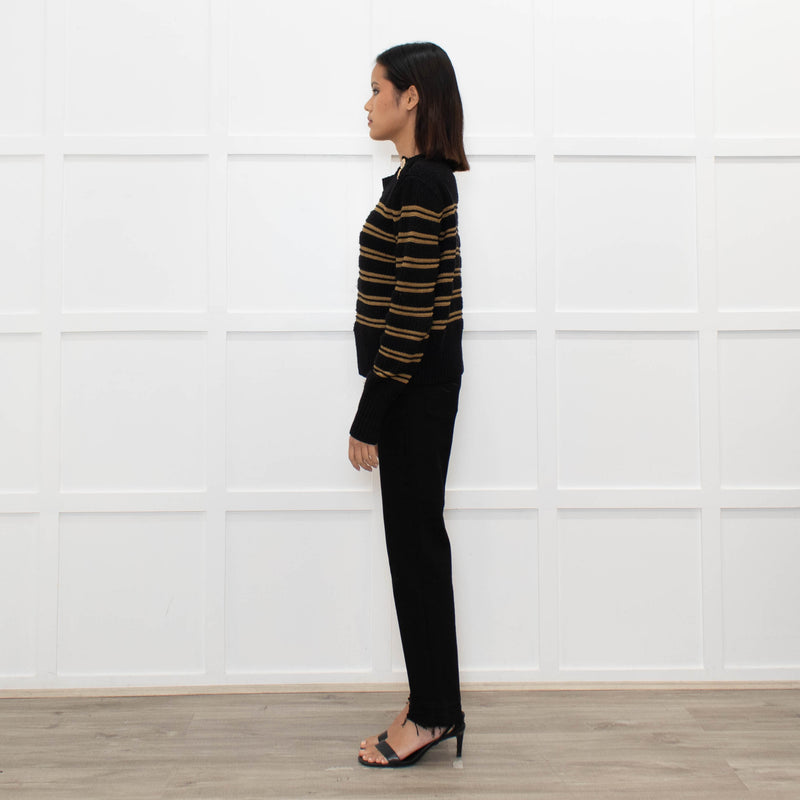 Ba&sh Black Brown Stripes Gold Buttons On Shoulders Wool Blend Jumper