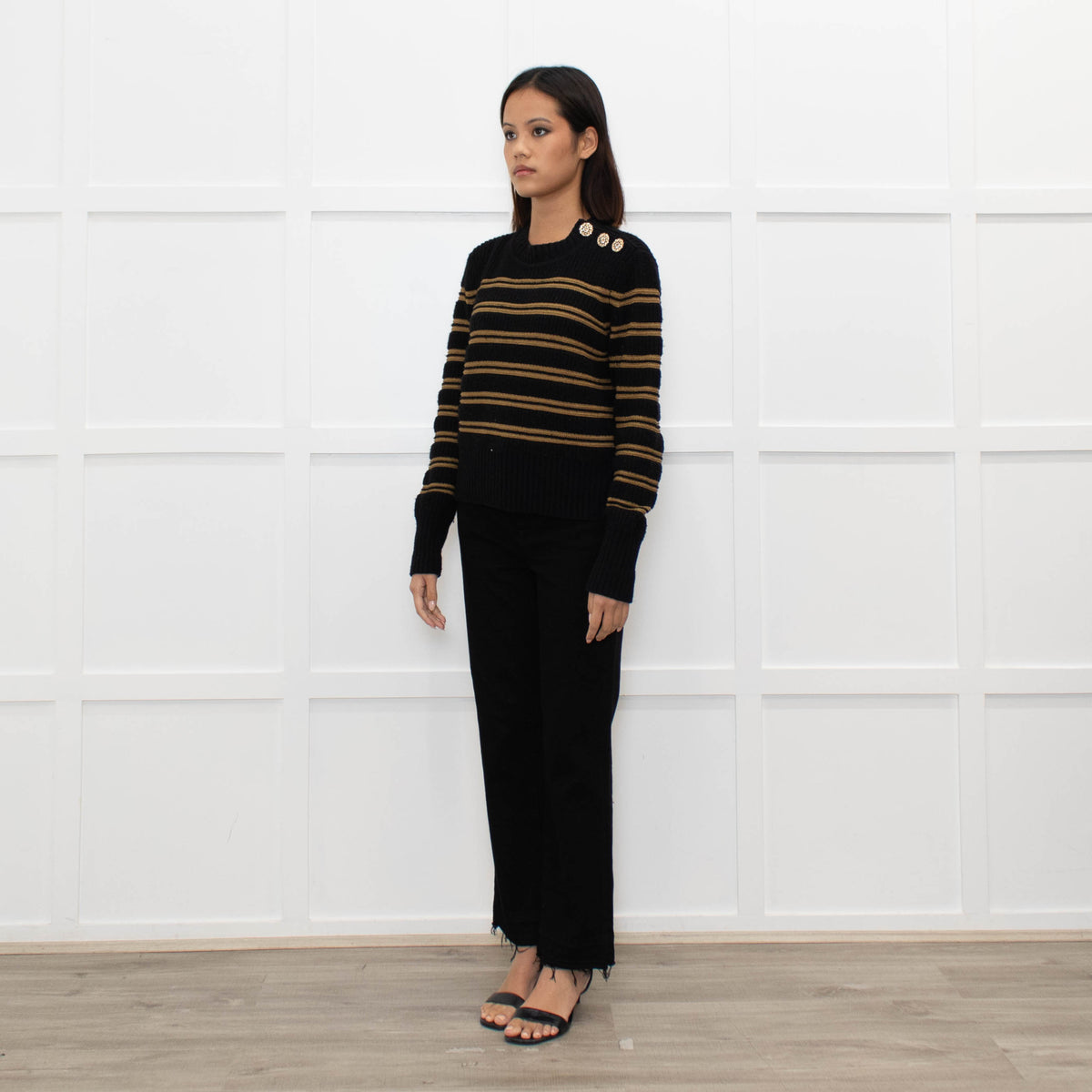 Ba&sh Black Brown Stripes Gold Buttons On Shoulders Wool Blend Jumper