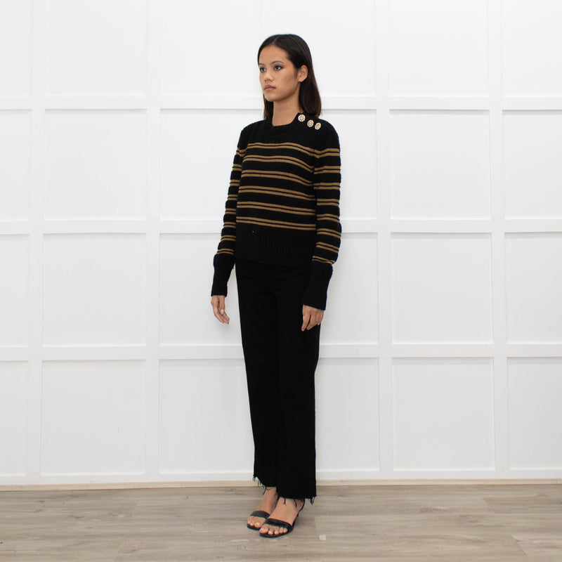 Ba&sh Black Brown Stripes Gold Buttons On Shoulders Wool Blend Jumper