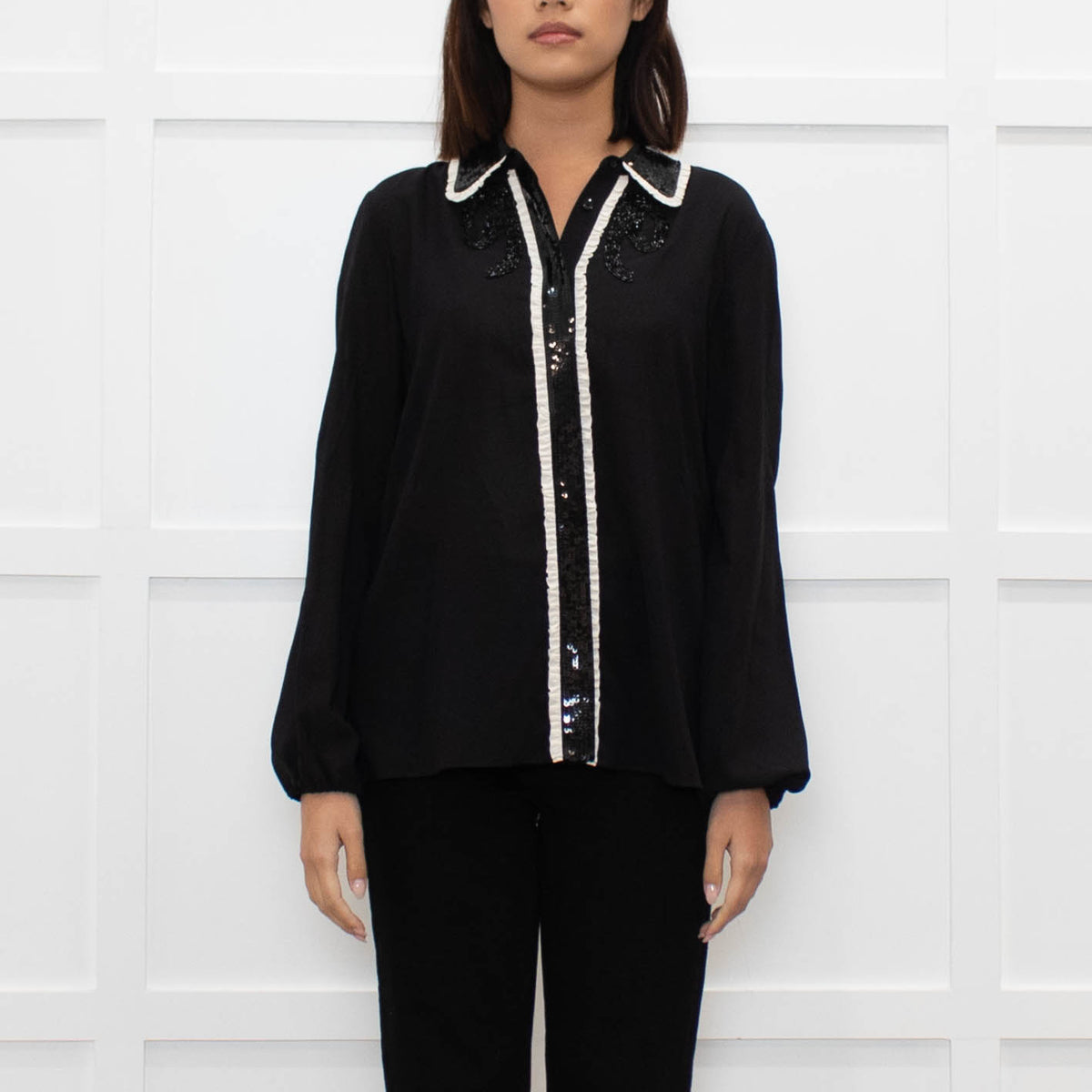 Alice + Olivia Black On Black Sequin White Frill Detail Silk Top