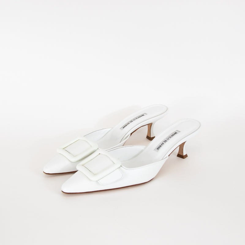 Manolo Blahnik White Maysale Leather Court Shoes