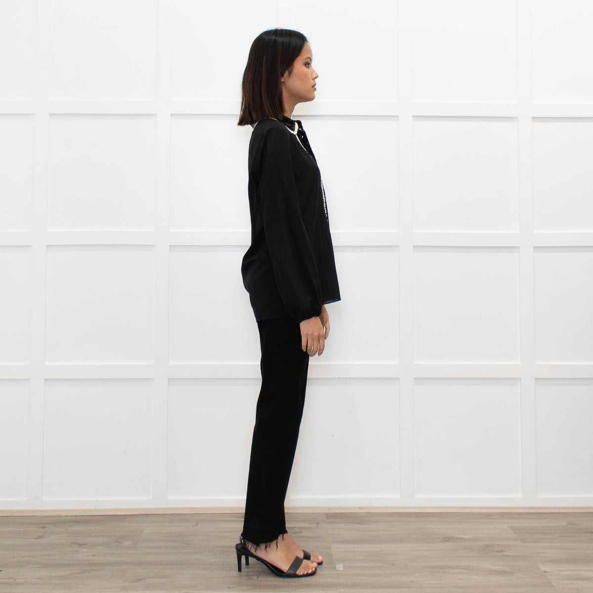 Alice + Olivia Black On Black Sequin White Frill Detail Silk Top