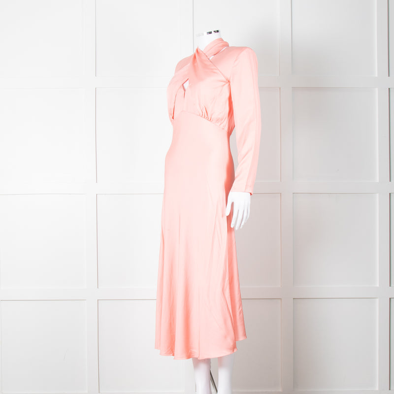 Sandro Pink Satin Midi Dress with Tie Back