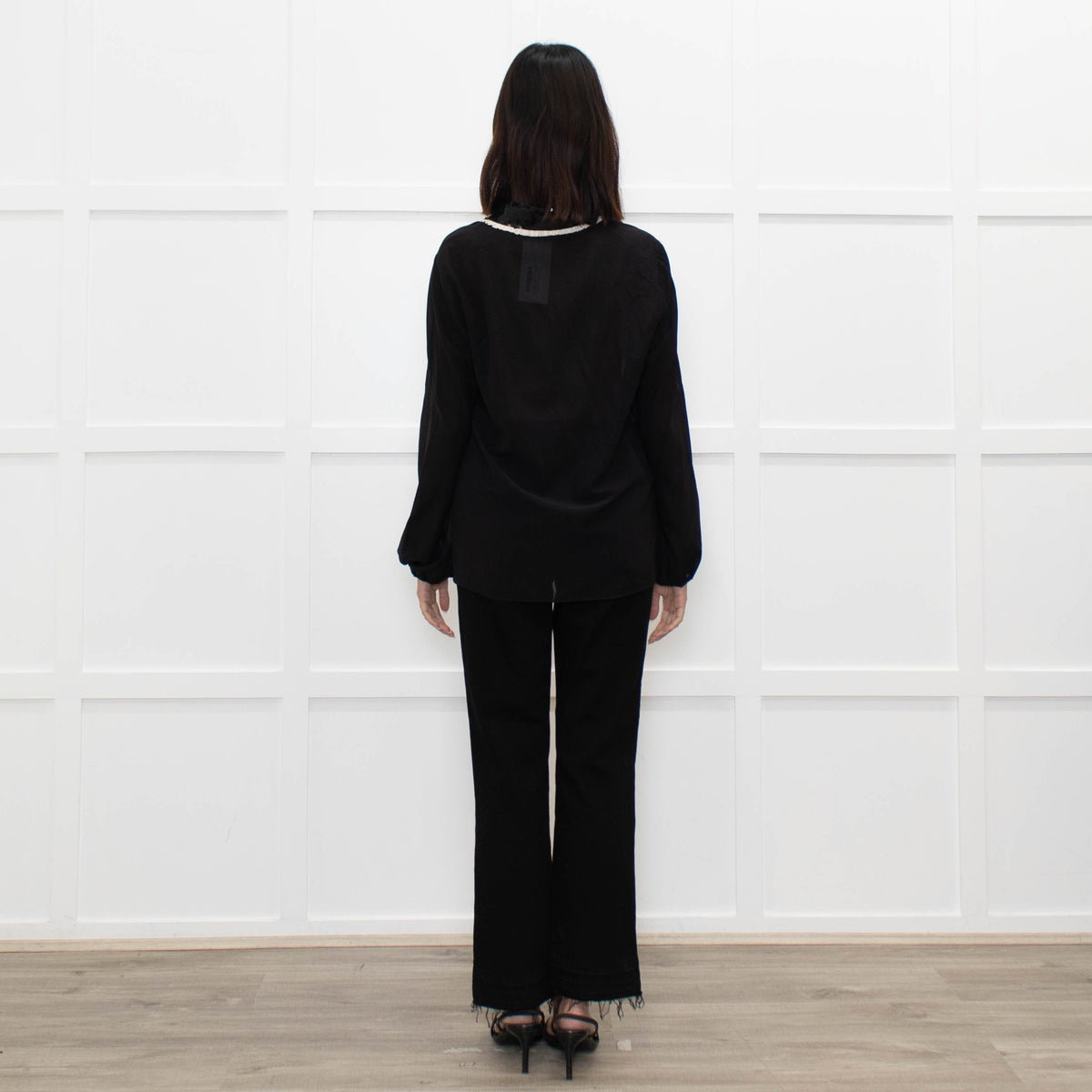 Alice + Olivia Black On Black Sequin White Frill Detail Silk Top